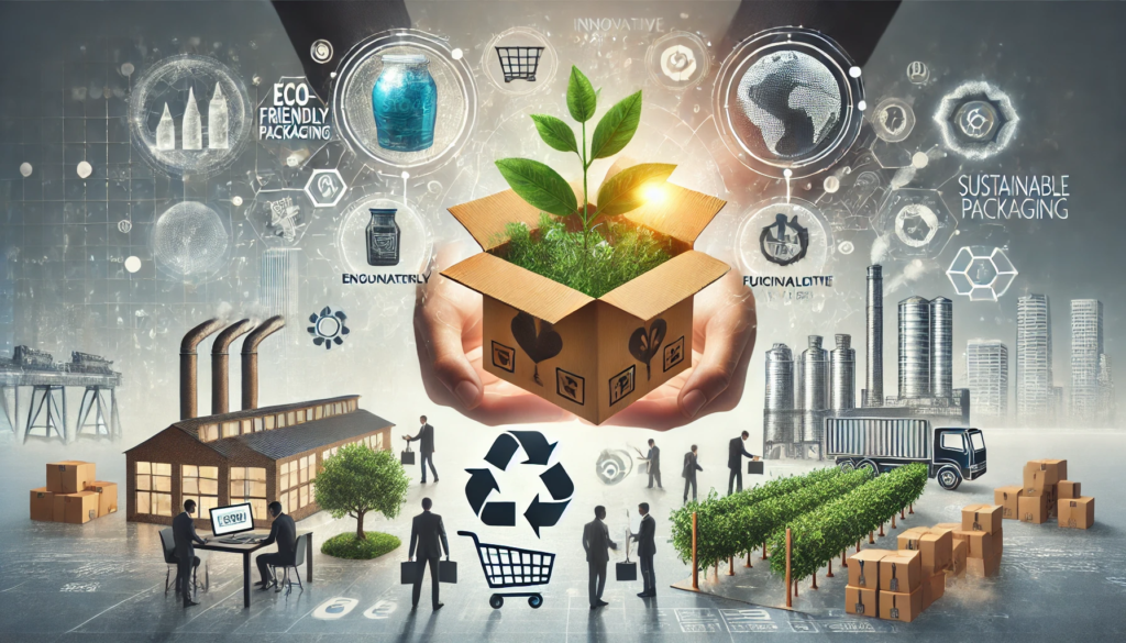 dall·e 2024 07 05 17.38.36 an image depicting the transition to sustainable packaging in a modern marketplace. include elements such as eco friendly packaging materials, innovat