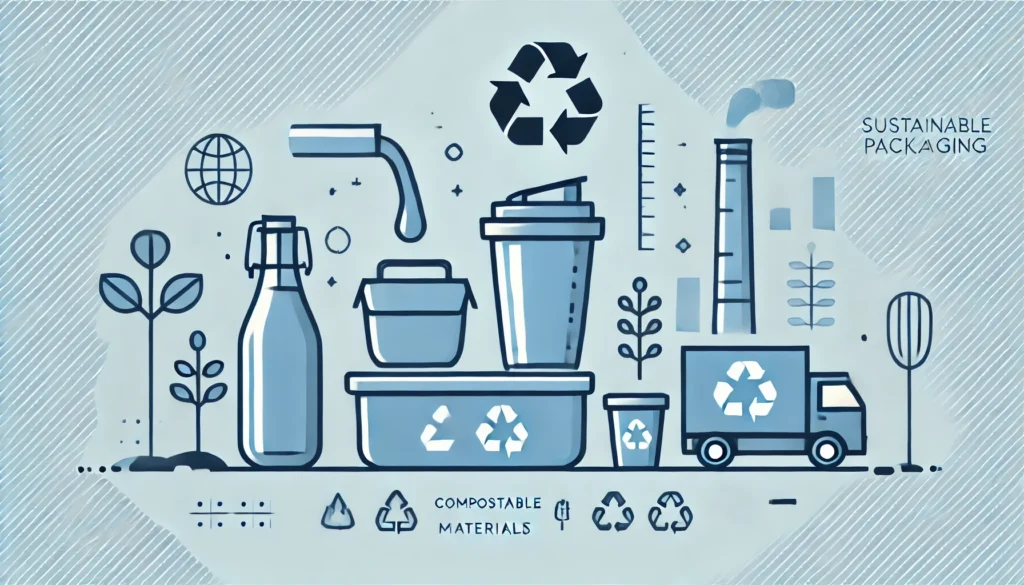 dall·e 2024 07 11 15.03.16 a minimalist horizontal illustration focused on sustainable packaging with a blue color theme. the image should include a reusable container being ref