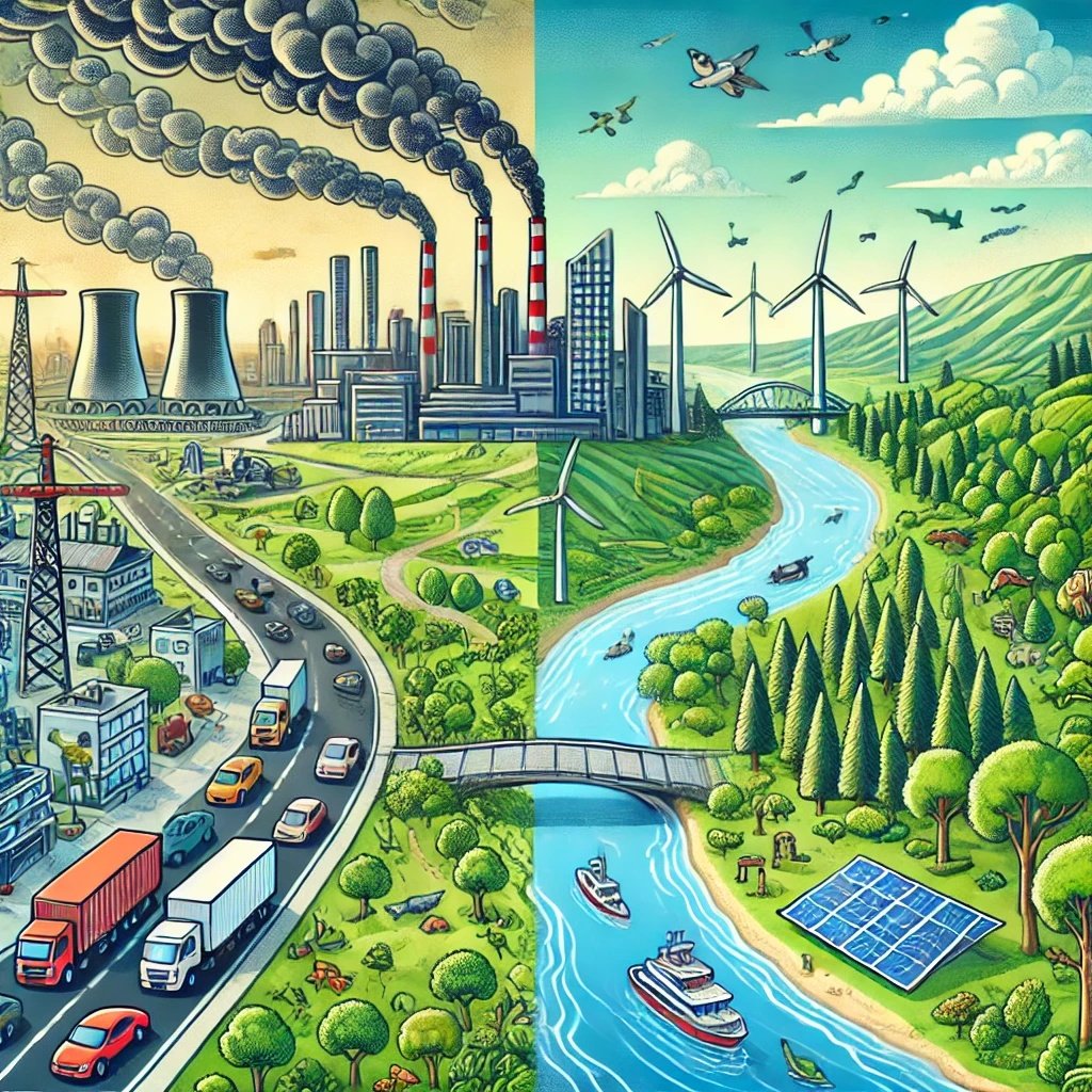 an illustration depicting the challenges of sustainable development. on one side, show a bustling city with factories emitting smoke, heavy traffic, a 副本
