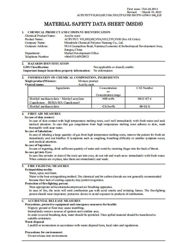 PMMA MSDS(外罩)
